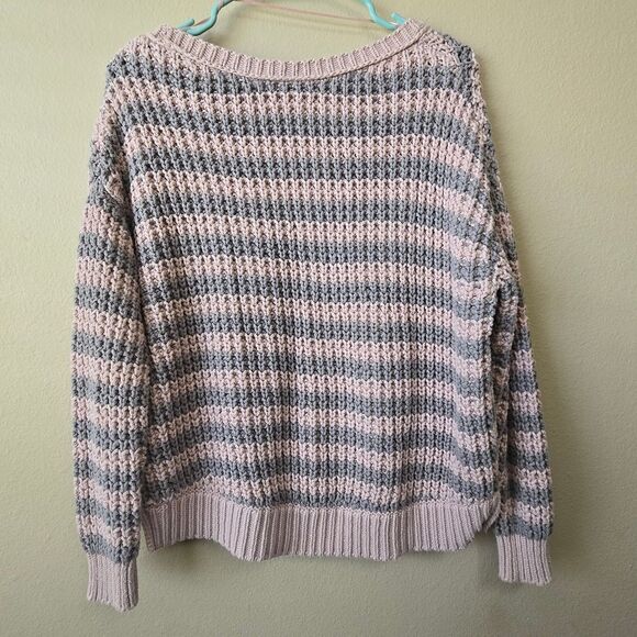 FREE PEOPLE Striped Oversized Chunky Cotton Knit Sweater Sz XS Pink Gray - Picture 5 of 12